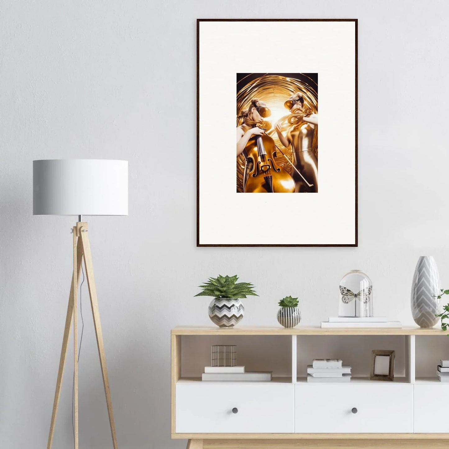 Framed wall art of a golden cosmic figure, perfect for room decor and Cosmic Etudes