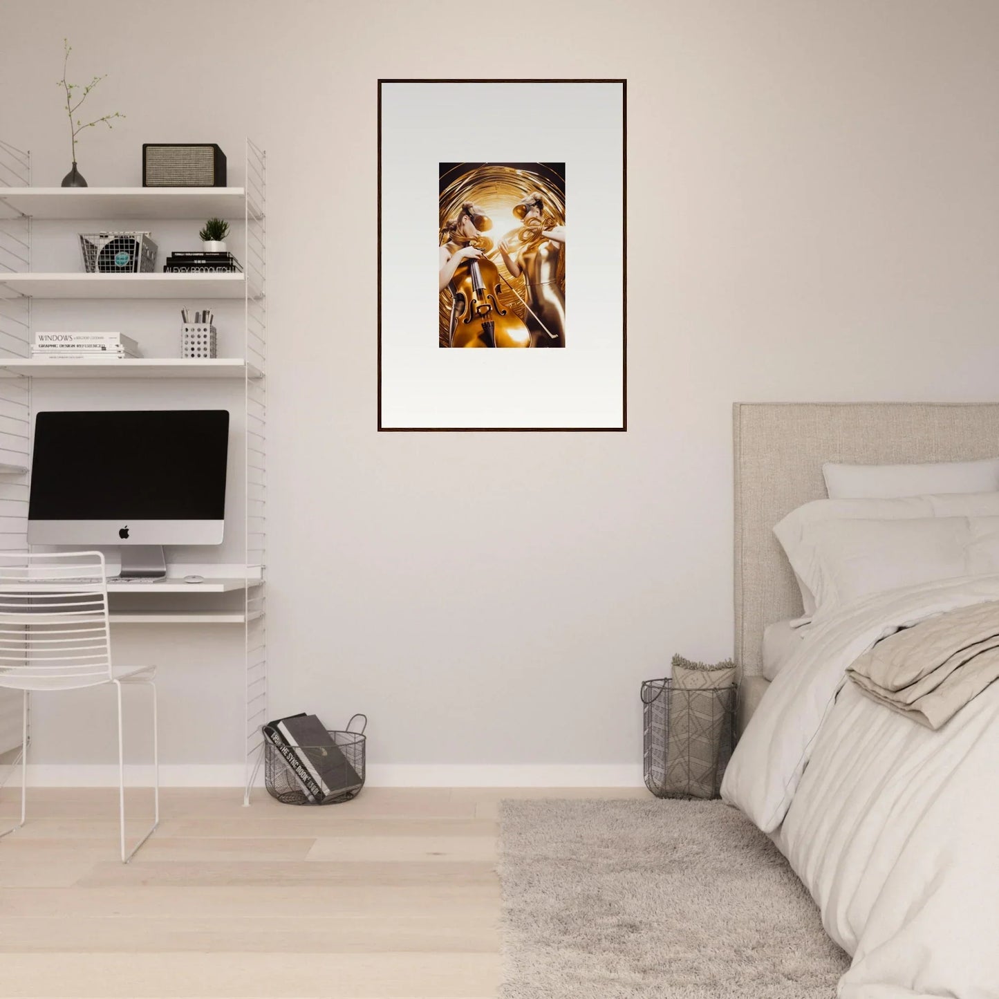 Framed wall art of a golden figure in Cosmic Etudes for unique room decor