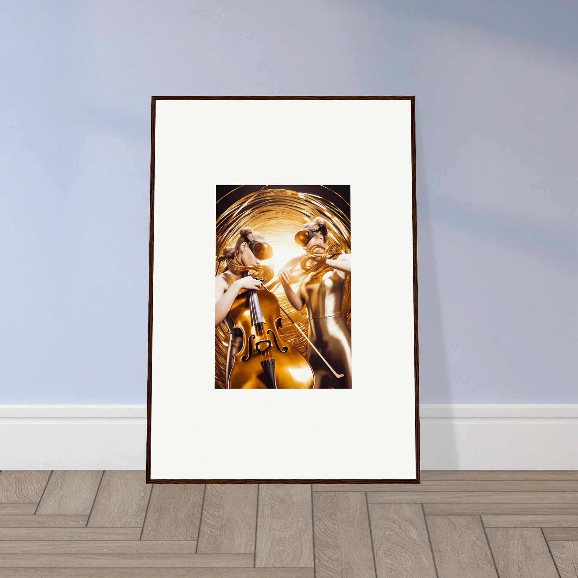 Framed wall art of golden figures in a surreal style for cosmic etudes room decor