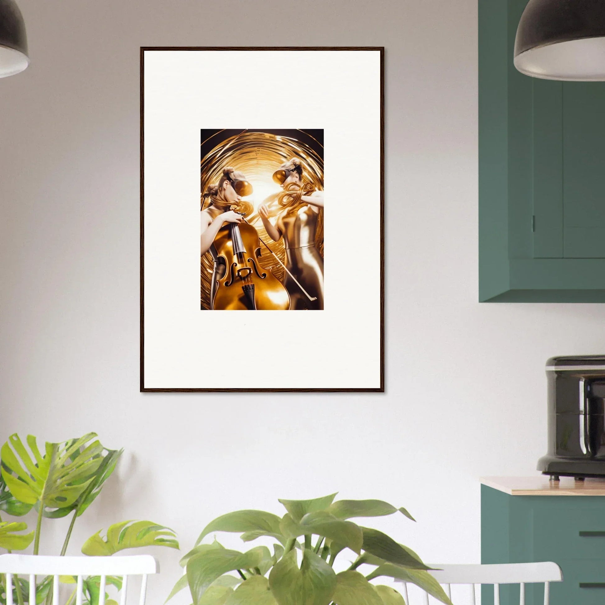 Framed wall art featuring golden figures in a cosmic etudes surreal style for room decor