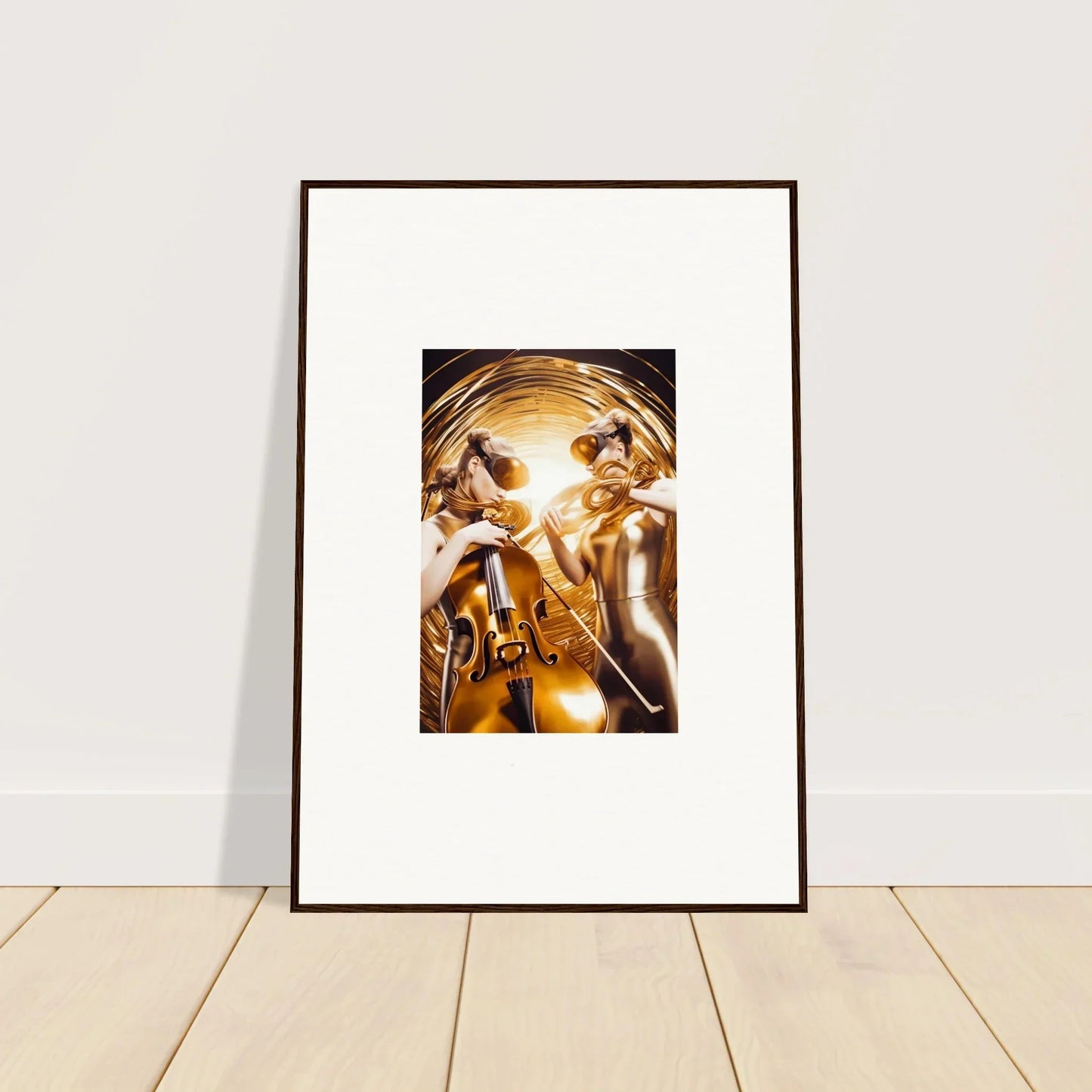 Framed wall art of cosmic etudes with golden figures in a surreal setting