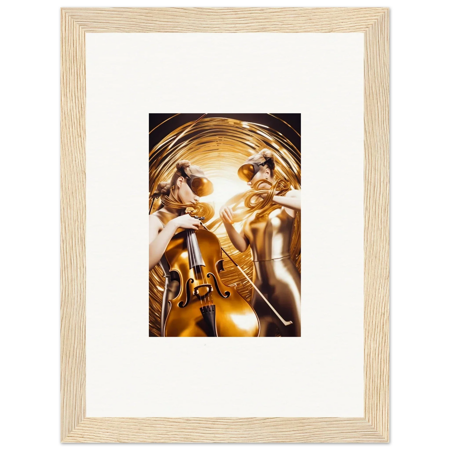 Framed wall art of golden figures with instruments in a cosmic etudes style