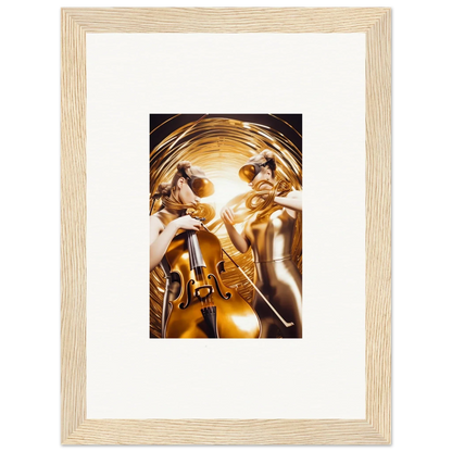 Framed wall art of golden figures with instruments in a cosmic etudes style