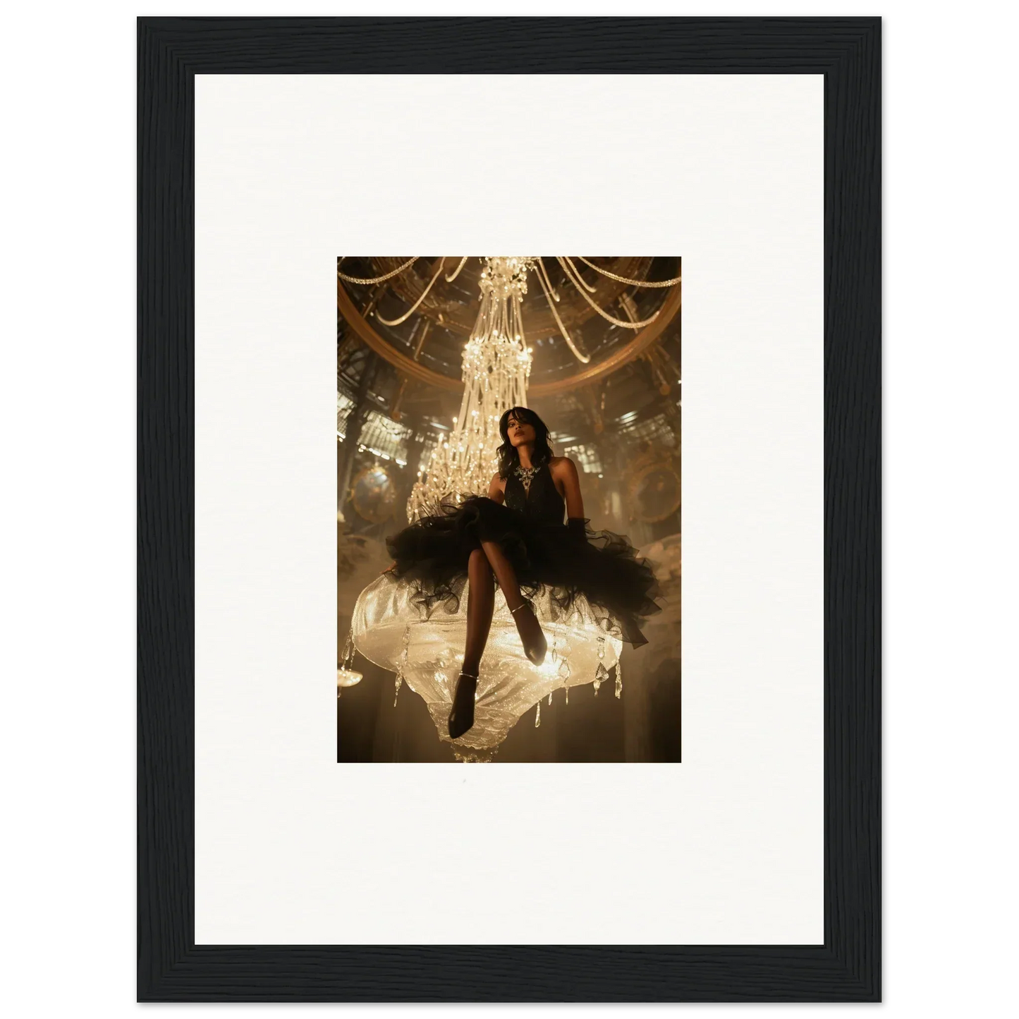 Framed wall art of a woman in a black tutu dress under a chandelier for Room Decor