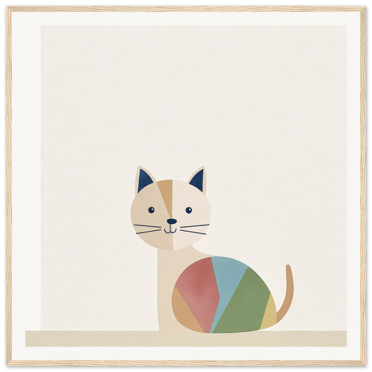 Minimalist cartoon cat with geometric patches featured in Curious Cat Balances