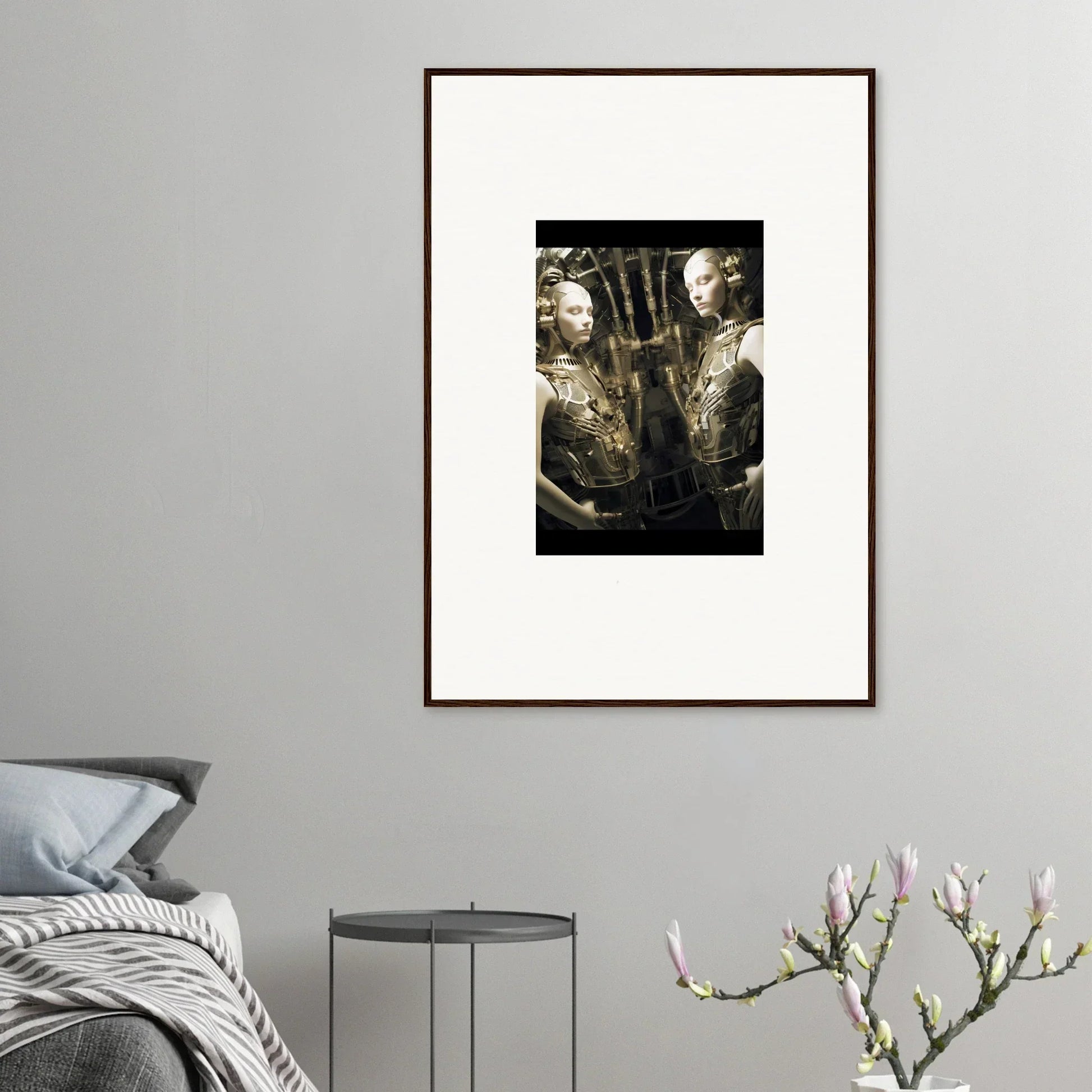 Framed black and white photograph of two figures in conversation for dreams unveiled room decor