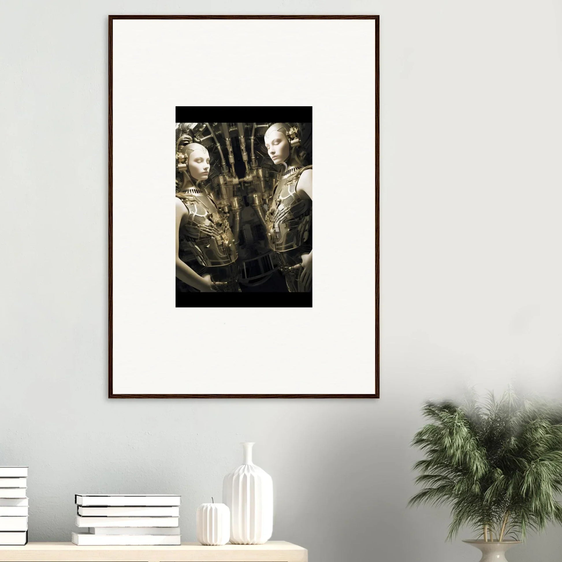 Framed wall art of metallic humanoids for unique room decor, Dreams Unveiled theme