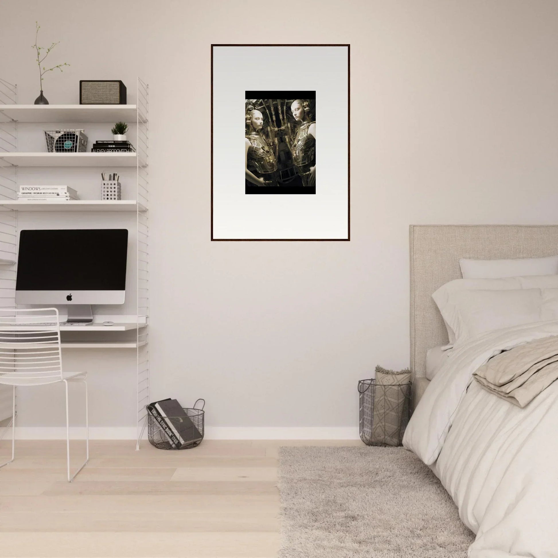 Minimalist bedroom with white walls, floating shelves, and framed wall art dreams unveiled