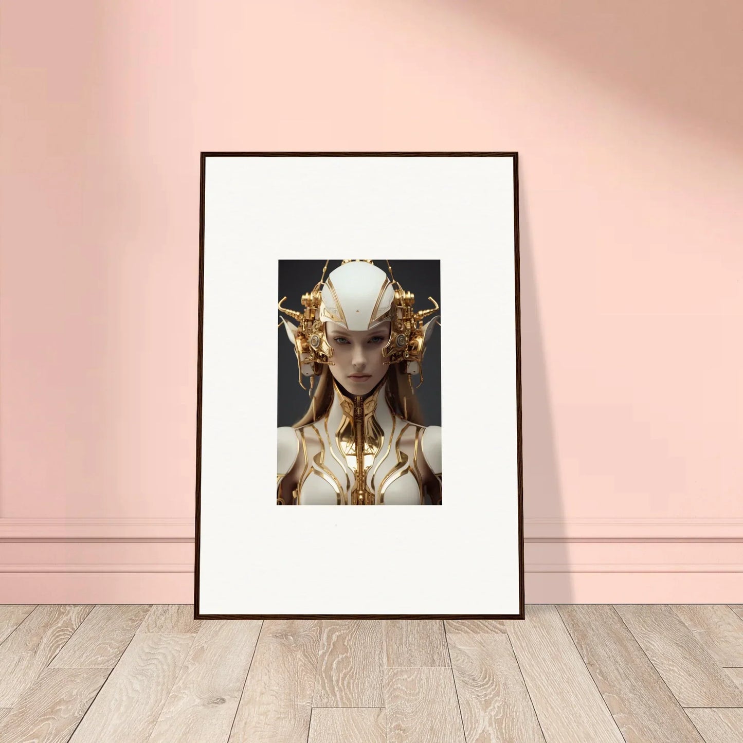 Framed canvas print of a muse euphoria figure with a golden headdress for room decoration