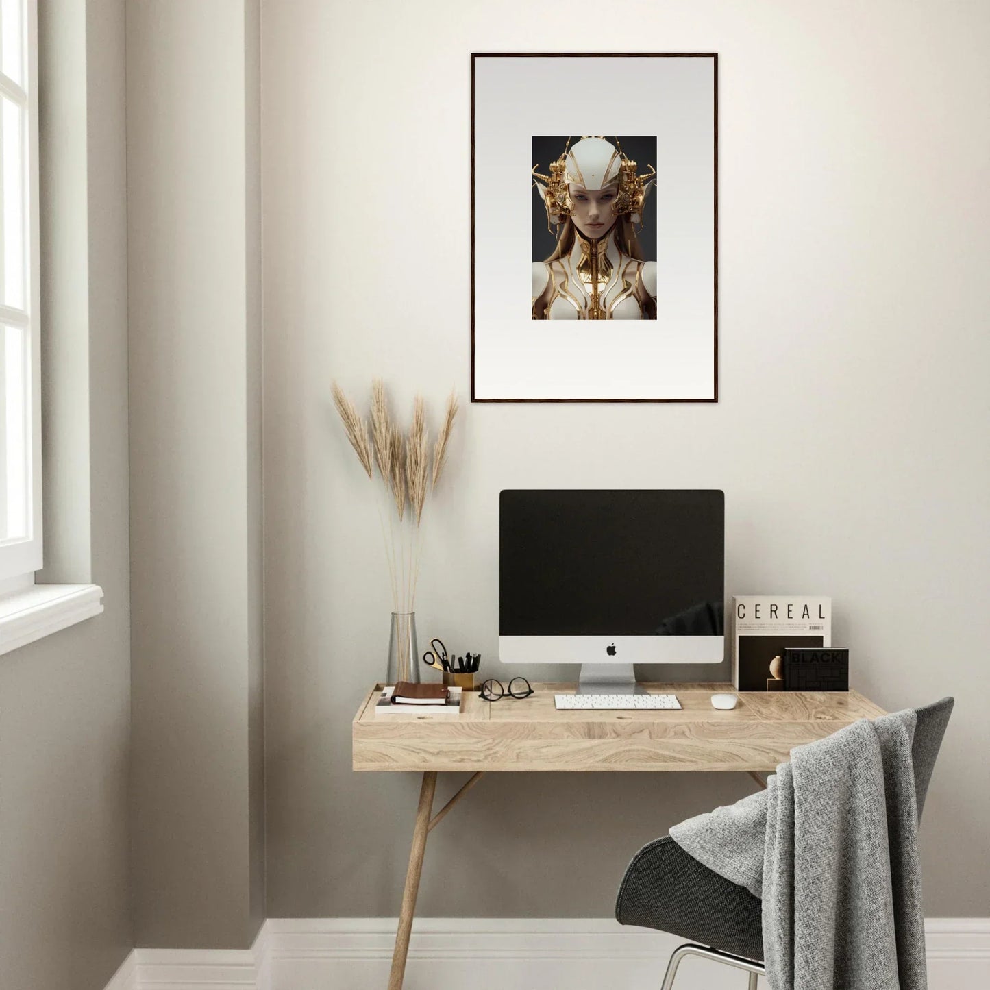 Minimalist home office with wooden desk, computer, and Muse Euphoria canvas print