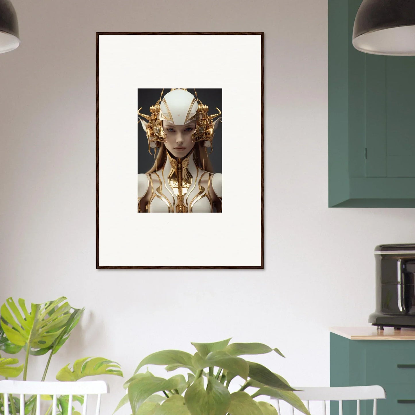 Framed canvas print of a mystical humanoid figure for unique room decoration