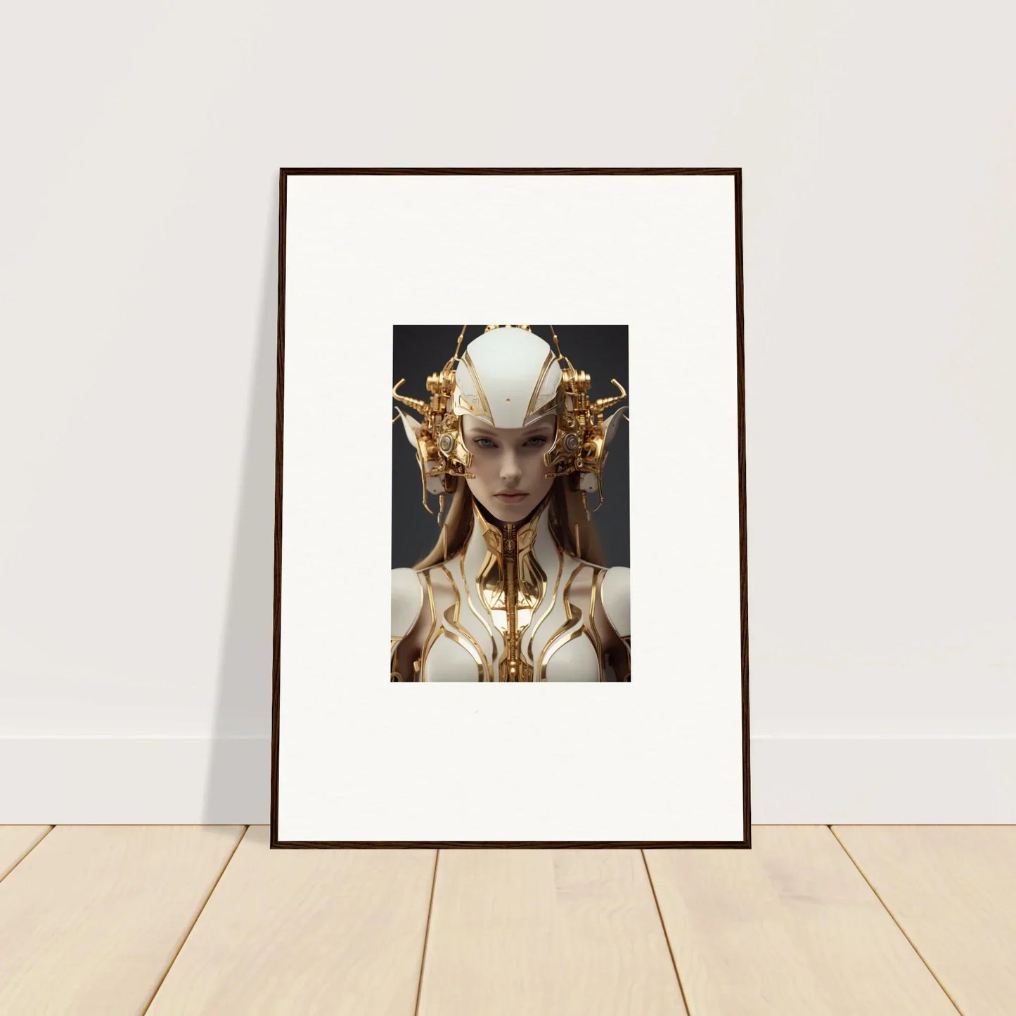 Framed canvas print of a futuristic figure with a golden headdress for room decoration