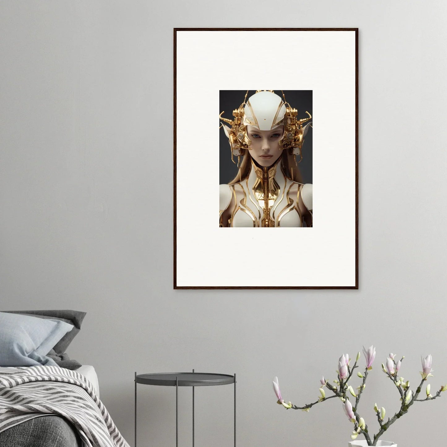 Framed canvas print of a golden humanoid figure for Muse Euphoria room decoration