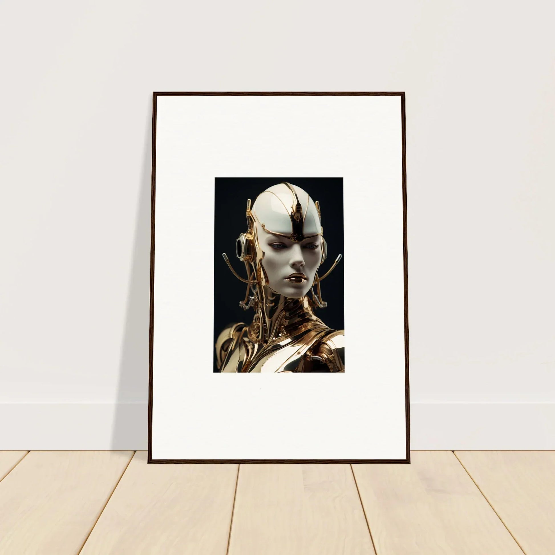 Framed canvas print of a futuristic humanoid with mechanical elegance for room decoration