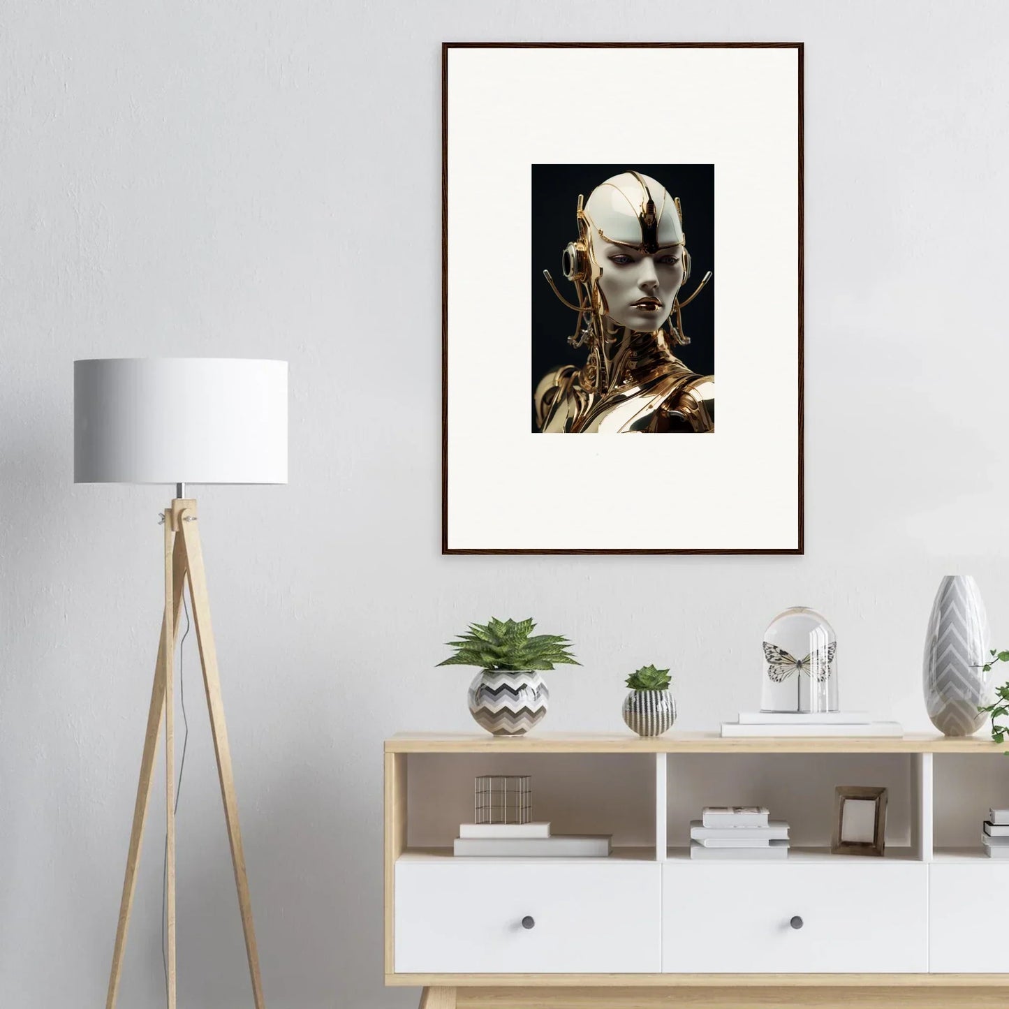 Futuristic humanoid artwork showcasing mechanical elegance for room decoration canvas print