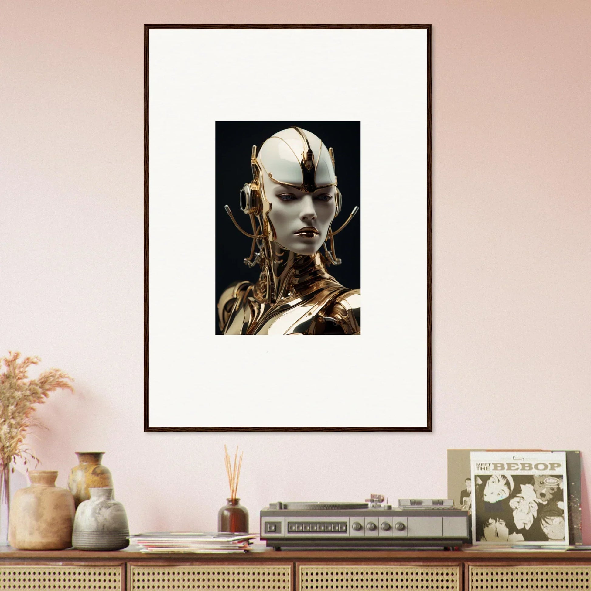 Framed canvas print of a humanoid figure showcasing mechanical elegance for cool room decoration