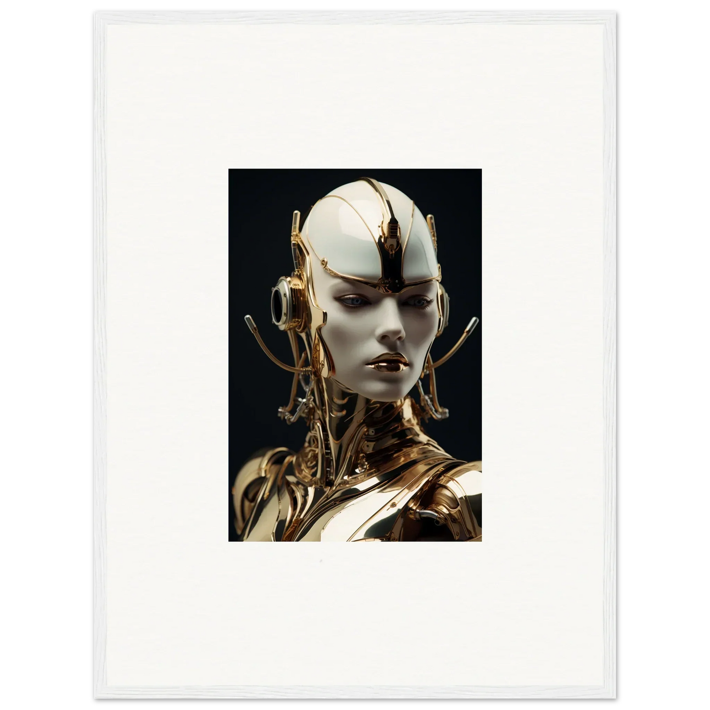 Futuristic cyborg head art print showcasing mechanical elegance for room decoration