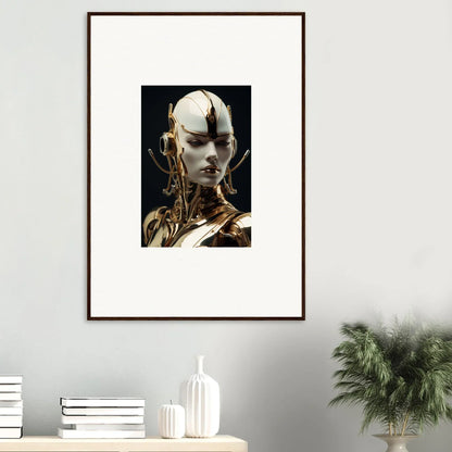 Framed canvas print of a surreal cybernetic figure, perfect for mechanical elegance room decoration