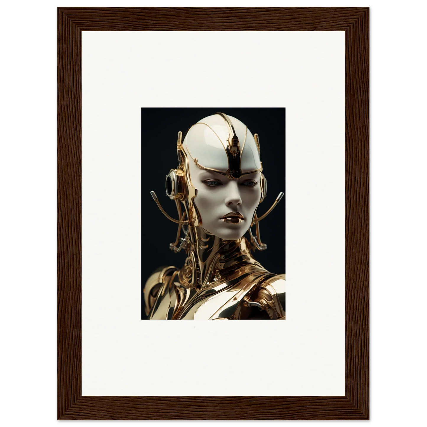 Futuristic humanoid robot in gold and white for a stylish canvas print of mechanical elegance