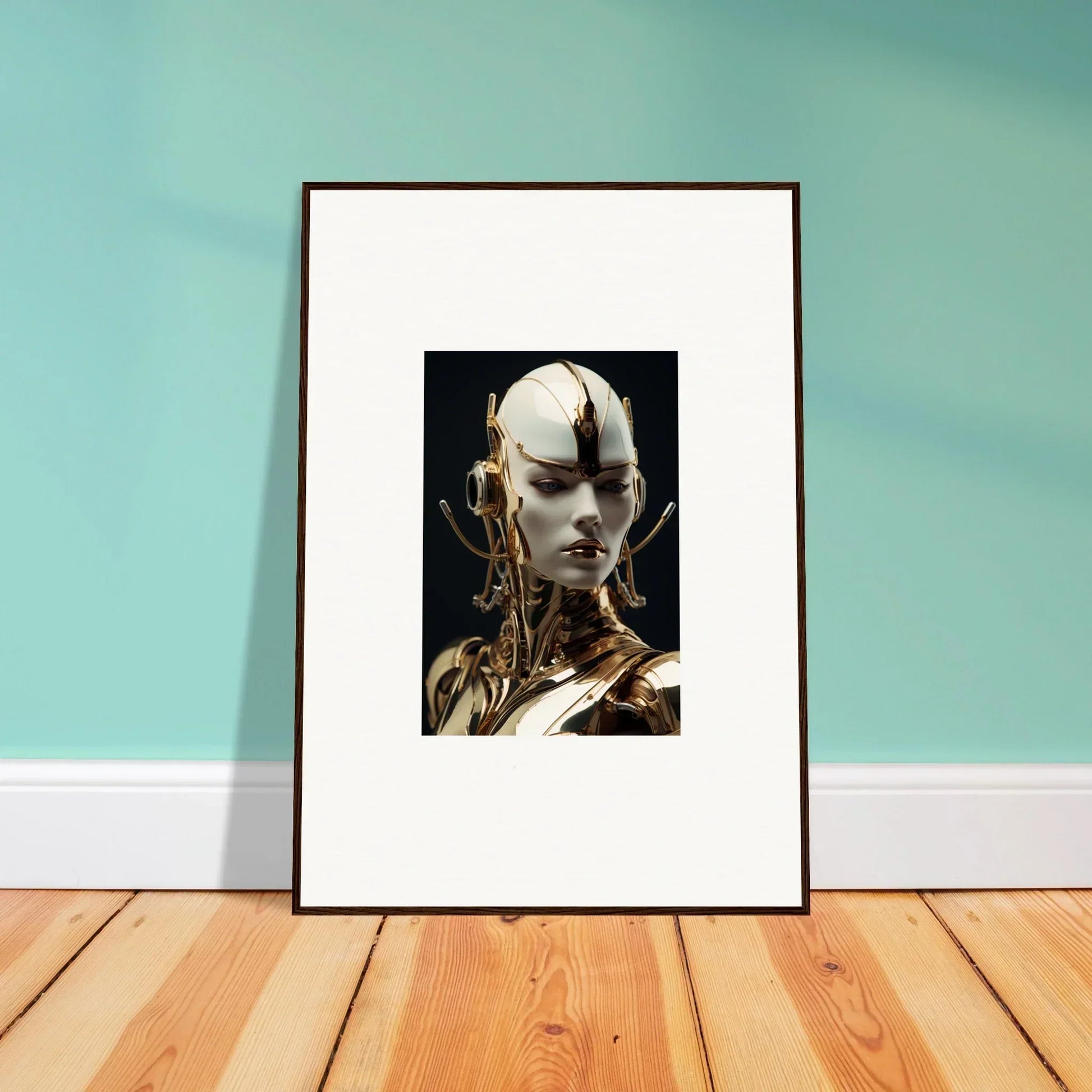 Framed canvas print of a futuristic humanoid blending mechanical elegance and organic design