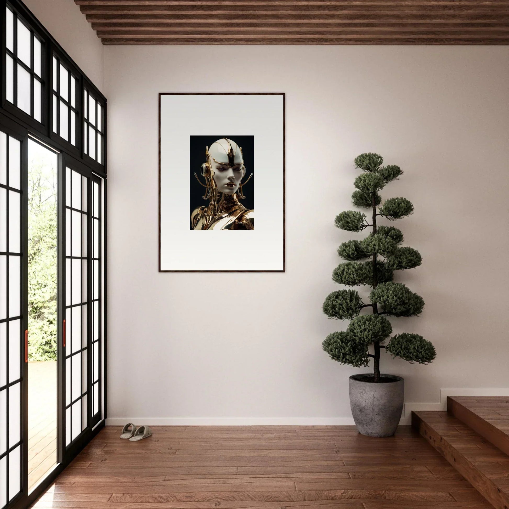 Framed portrait of a robotic face, perfect for room decoration and mechanical elegance