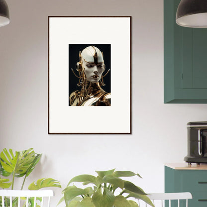 Framed canvas print of a surreal cybernetic figure showcasing mechanical elegance for room decoration