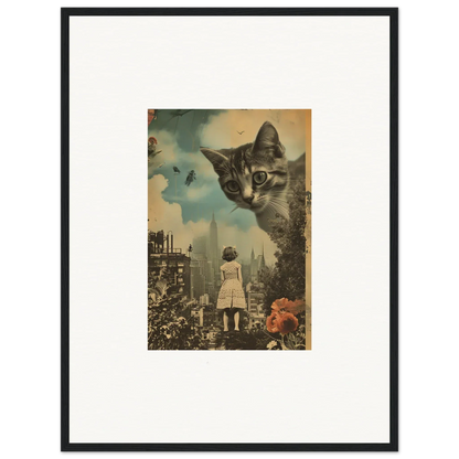 Framed surrealist collage of a giant cat face over a cityscape, a cool perception mirage canvas print