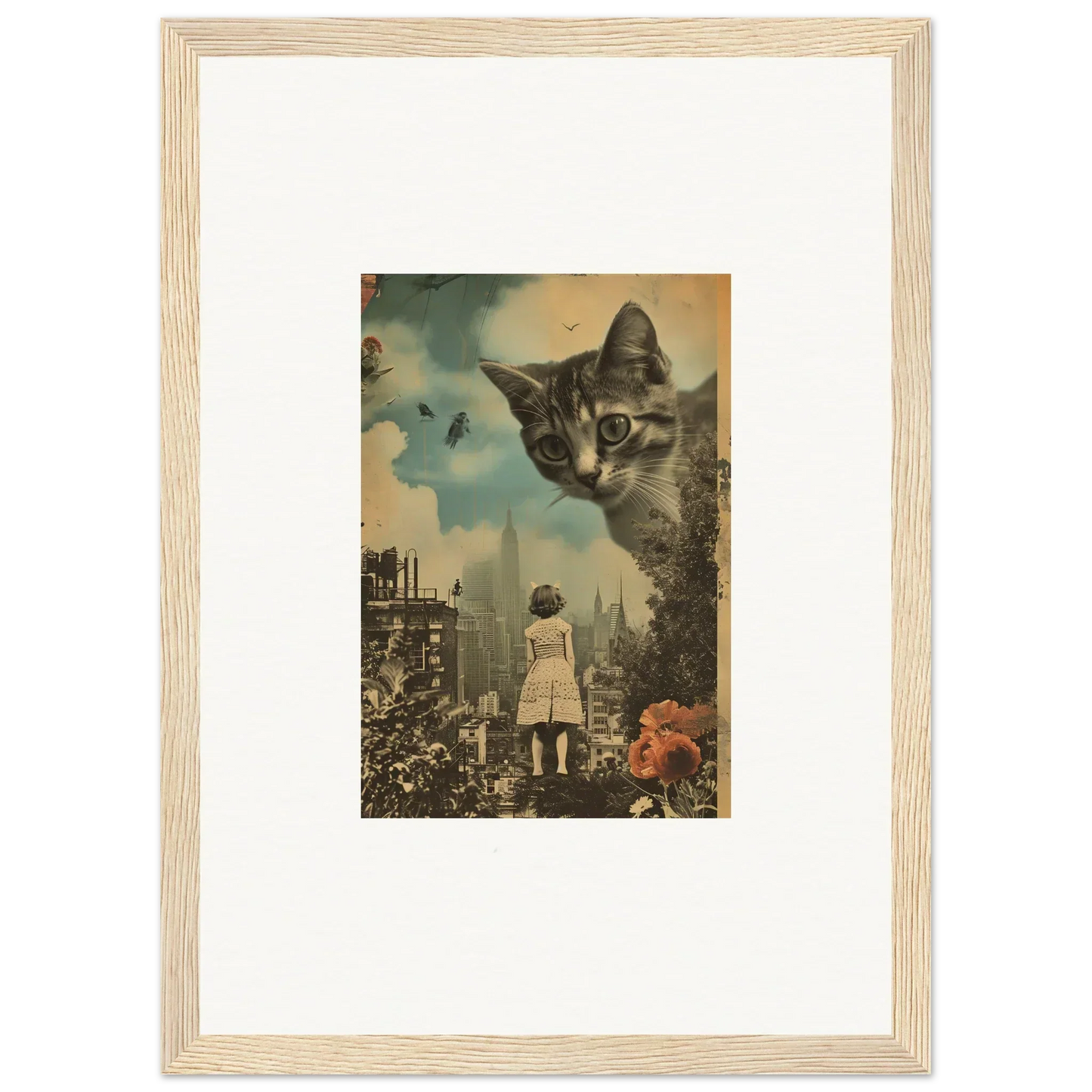 Surreal canvas print of a giant cat’s face as room decoration in a cityscape