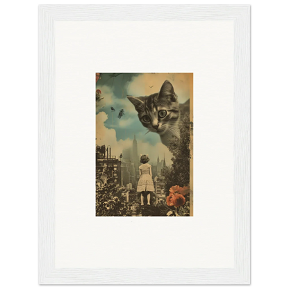 Surreal collage of a giant cat over a city, perfect for perception mirage room decoration