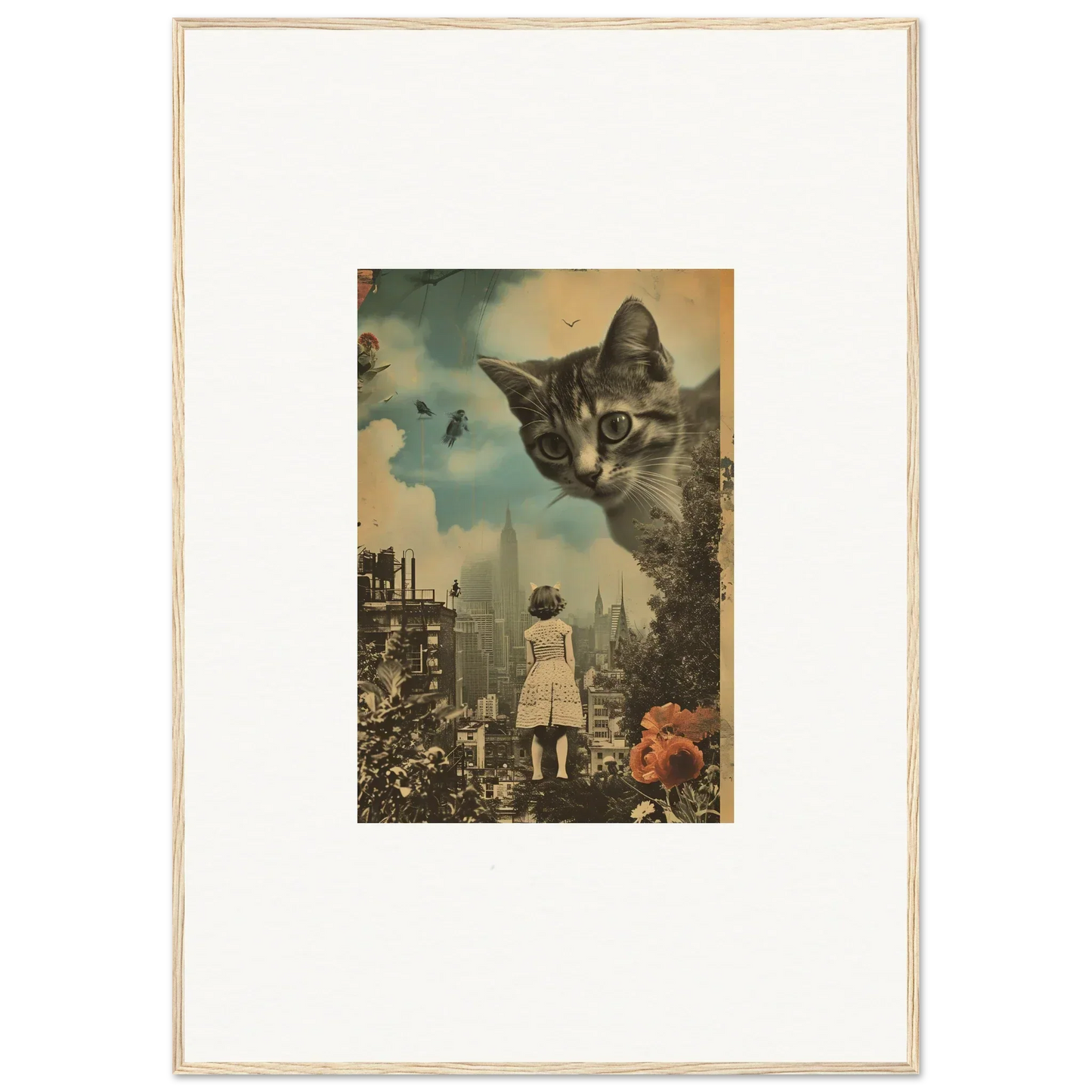 Surreal canvas print of a giant cat’s face over a city, perfect room decoration