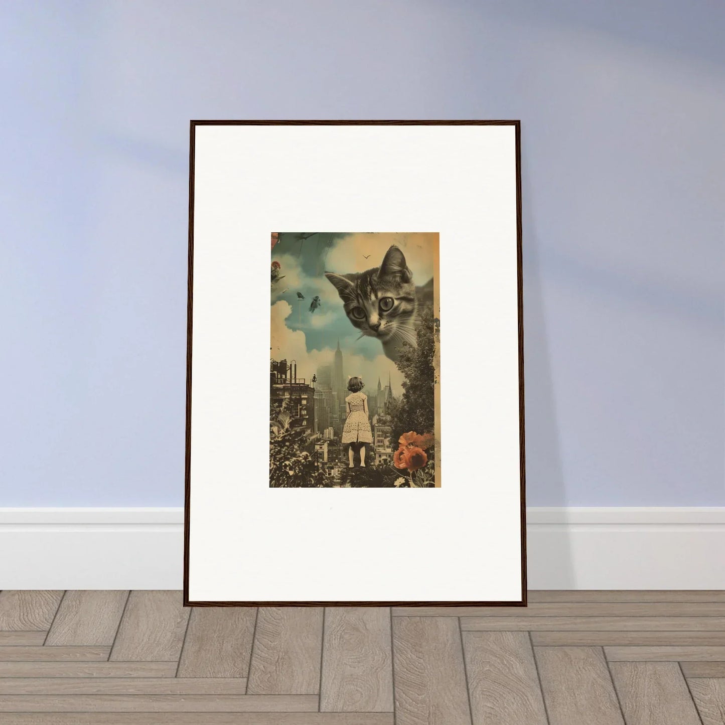 Surreal canvas print of a giant cat and small figure, perfect for room decoration