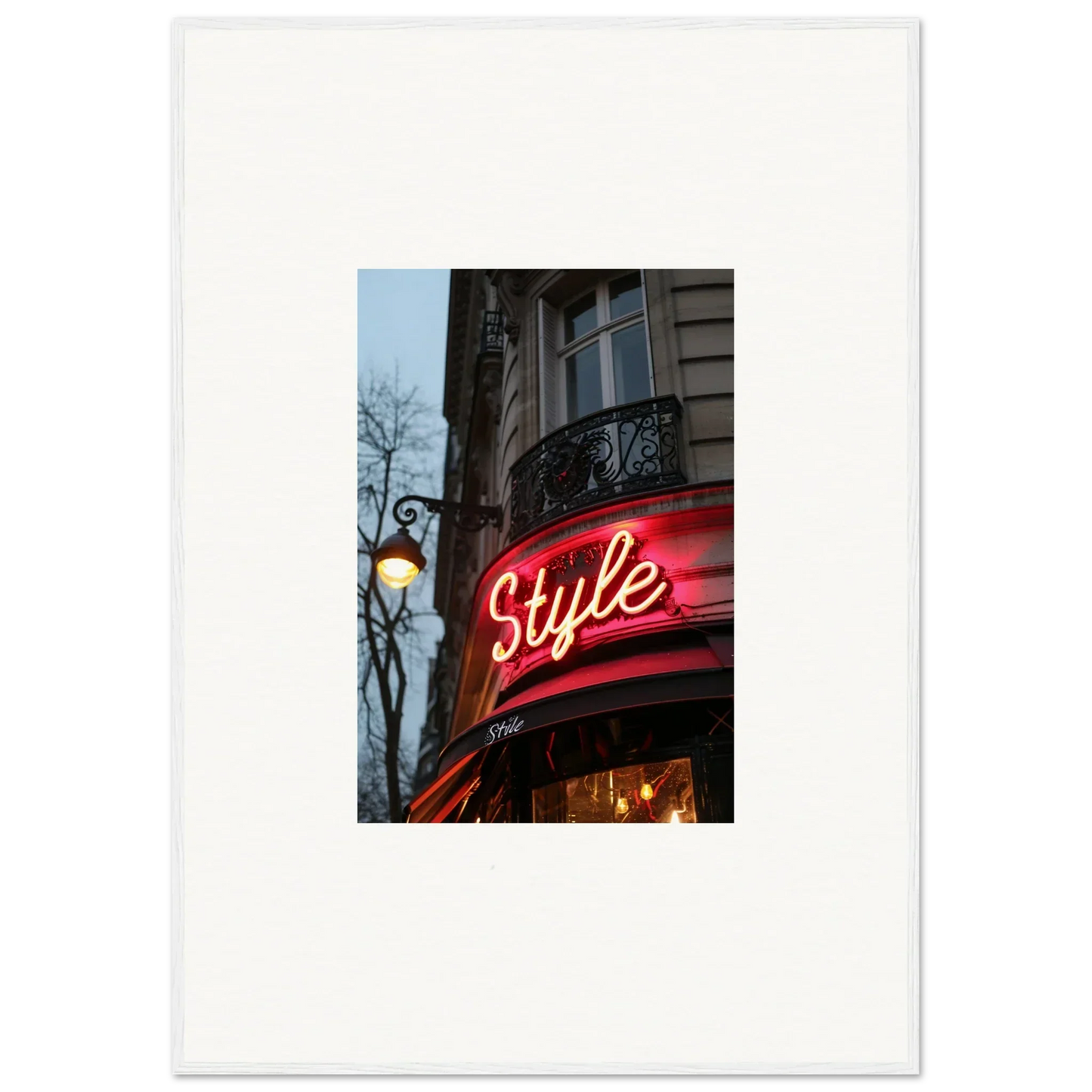 Neon red Style sign on building facade, perfect for vibrant room decoration and canvas print