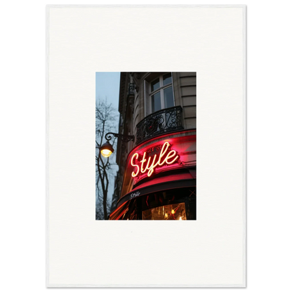 Neon red Style sign on building facade, perfect for vibrant room decoration and canvas print