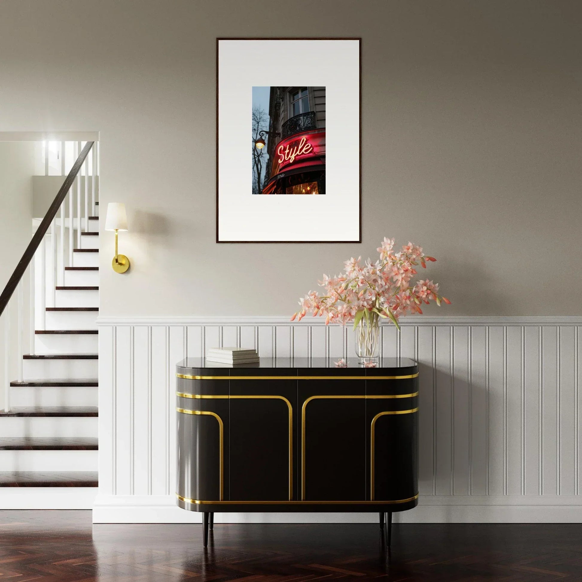 Framed neon Style sign above a chic black and gold sideboard for stunning room decoration