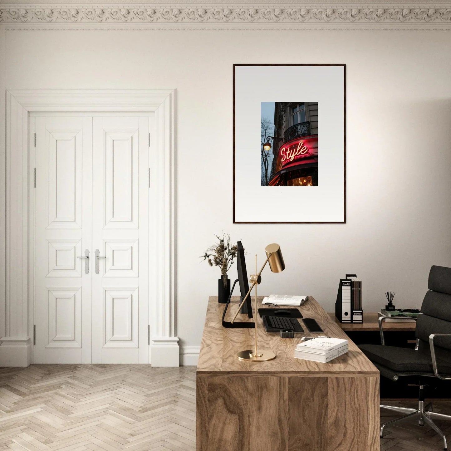 Stylish home office with wooden desk and canvas print, showcasing Echo Luminescence vibes