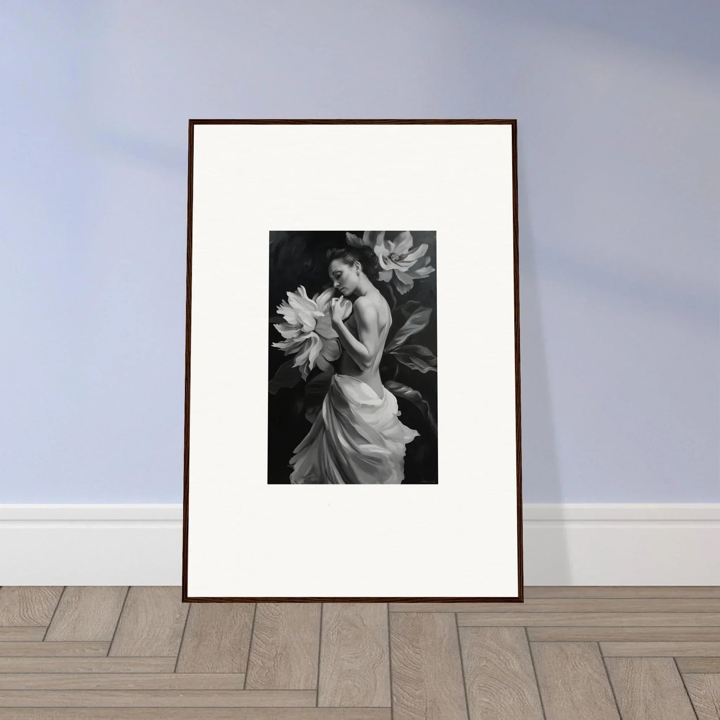 Framed black and white photo of woman in a flowing dress with flowers, Delicate Midnight Reverie