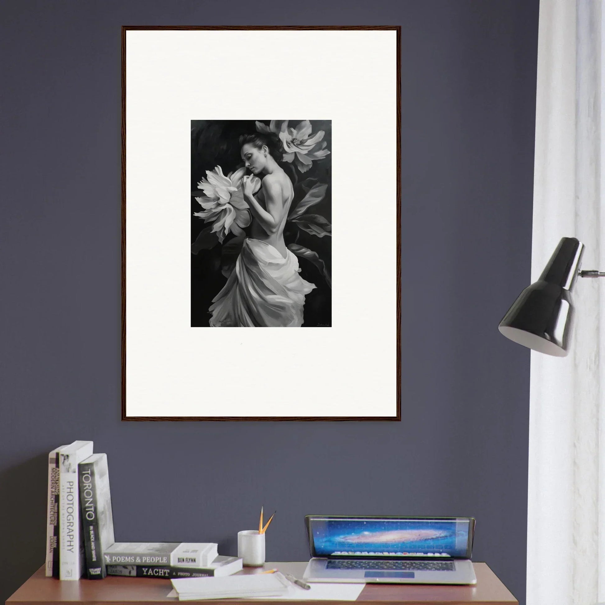 Framed black and white art of a woman with flowers from Delicate Midnight Reverie