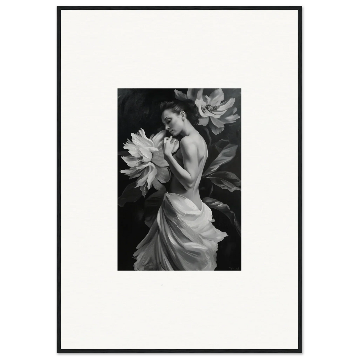 Black and white image of a woman in delicate Midnight Reverie with floral elements