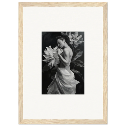 Black and white photo of a woman in a flowing dress showcasing Delicate Midnight Reverie