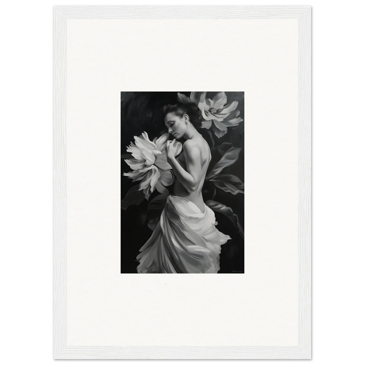 Woman in flowing dress with large flower for Delicate Midnight Reverie Lelei