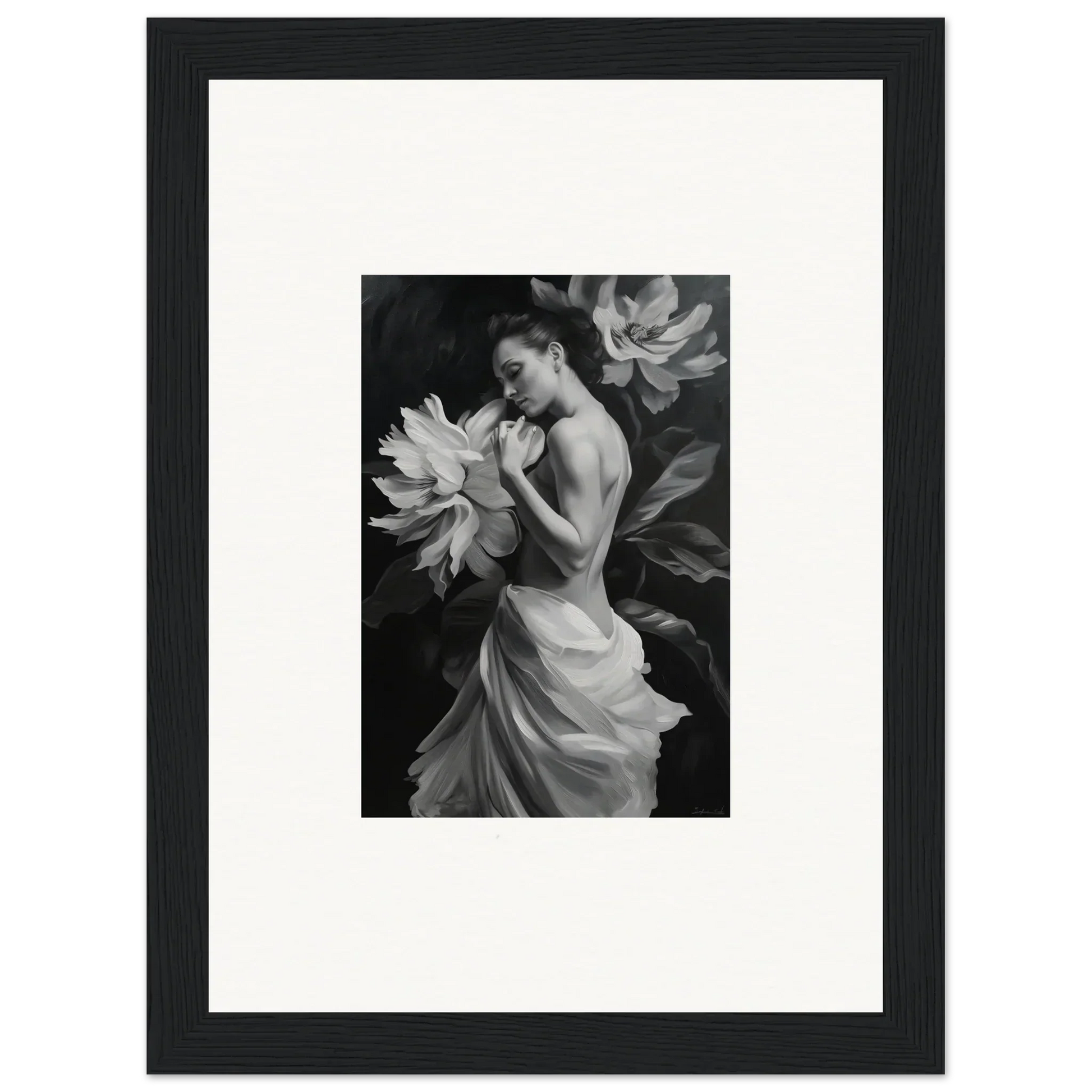 Framed black and white photo of a woman in a dress with flower petals, Delicate Midnight Reverie