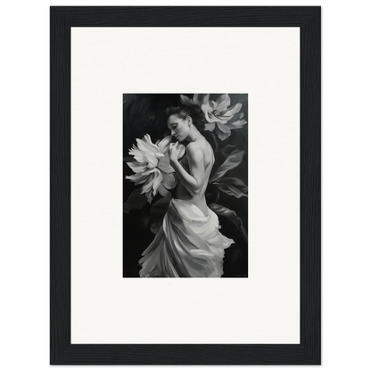 Framed black and white photo of a woman in a dress with flower petals, Delicate Midnight Reverie