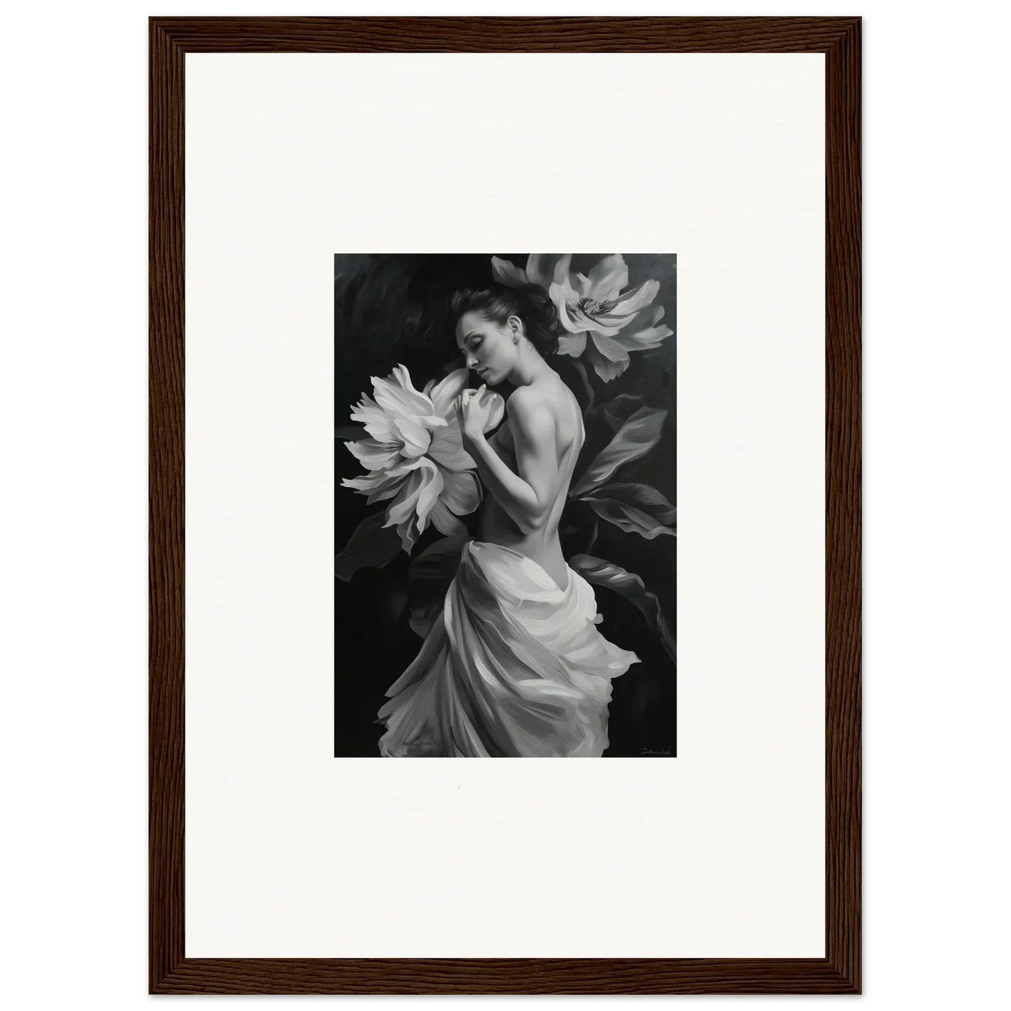 Black and white photo of a woman in a flowing dress with a flower, Delicate Midnight Reverie