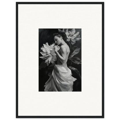 Black and white photo of a woman in a flowing dress among blooms, Delicate Midnight Reverie