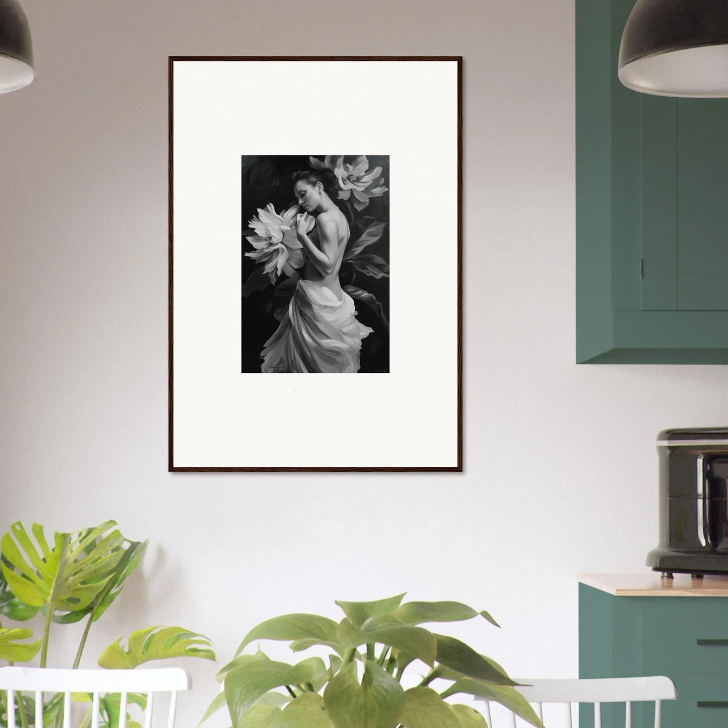 Framed black and white photo of a woman in a dress with a flower, Delicate Midnight Reverie