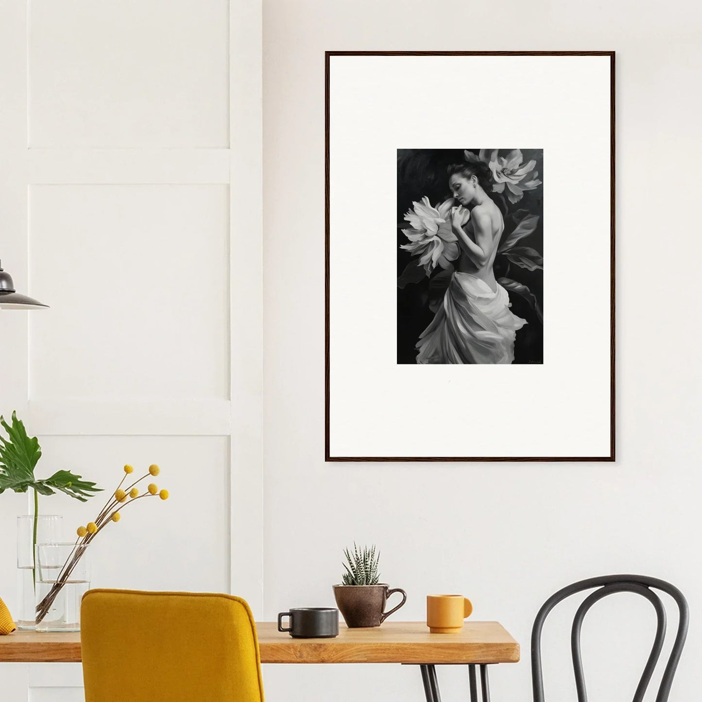 Framed black and white photo of a person with flowers from Delicate Midnight Reverie