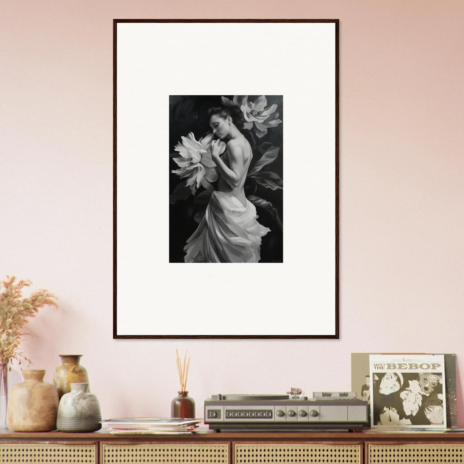 Framed black and white photo of a figure with flowers from Delicate Midnight Reverie