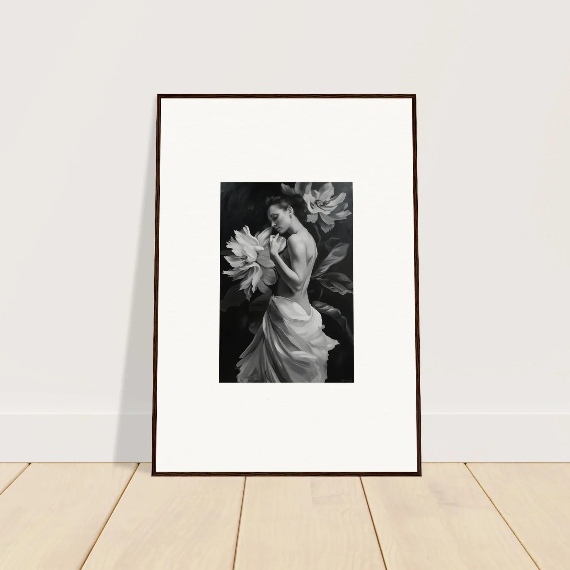 Framed black and white photo of a woman in a flowing dress for Delicate Midnight Reverie