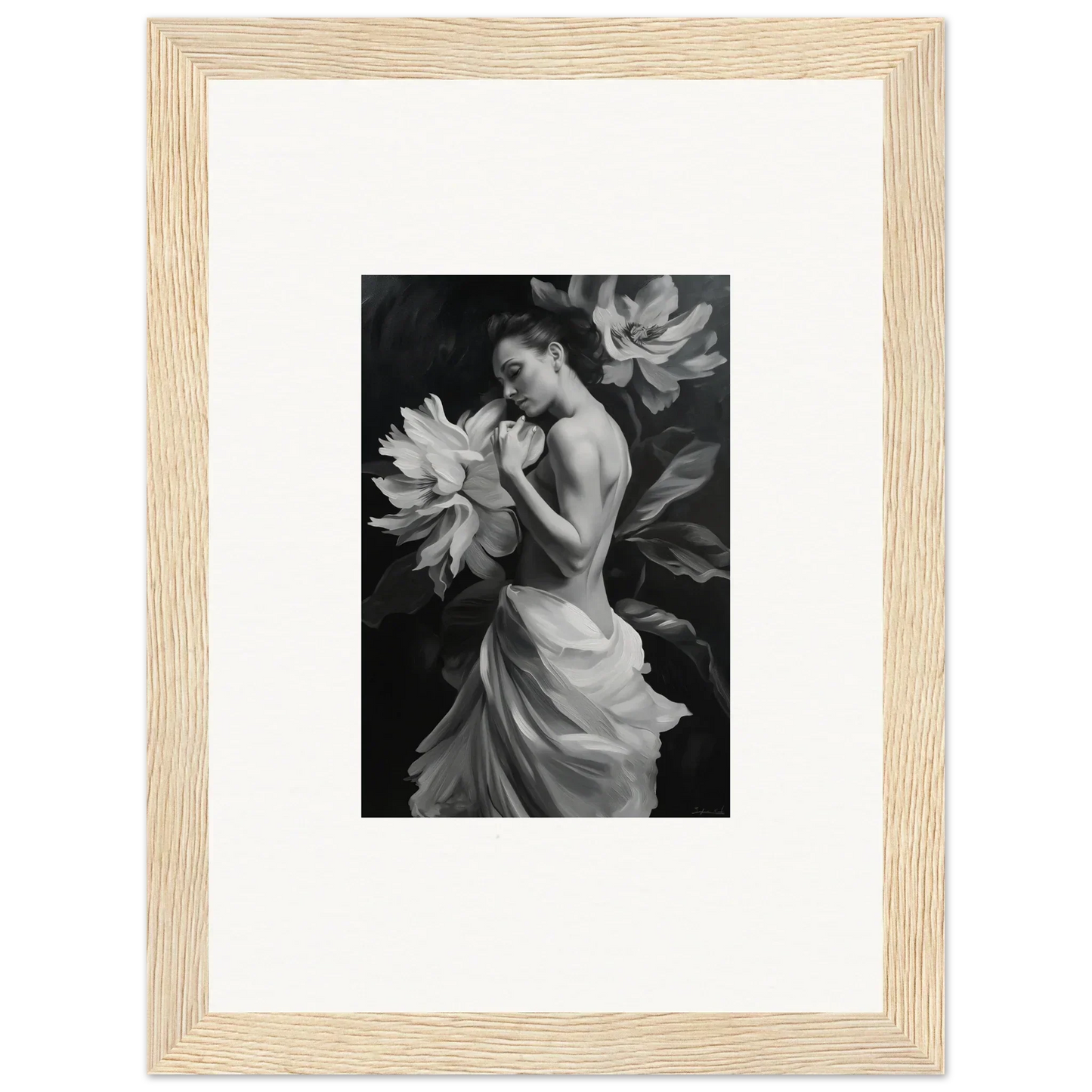 Black and white photo of a woman in a flowing dress with flower blossoms for Delicate Midnight Reverie