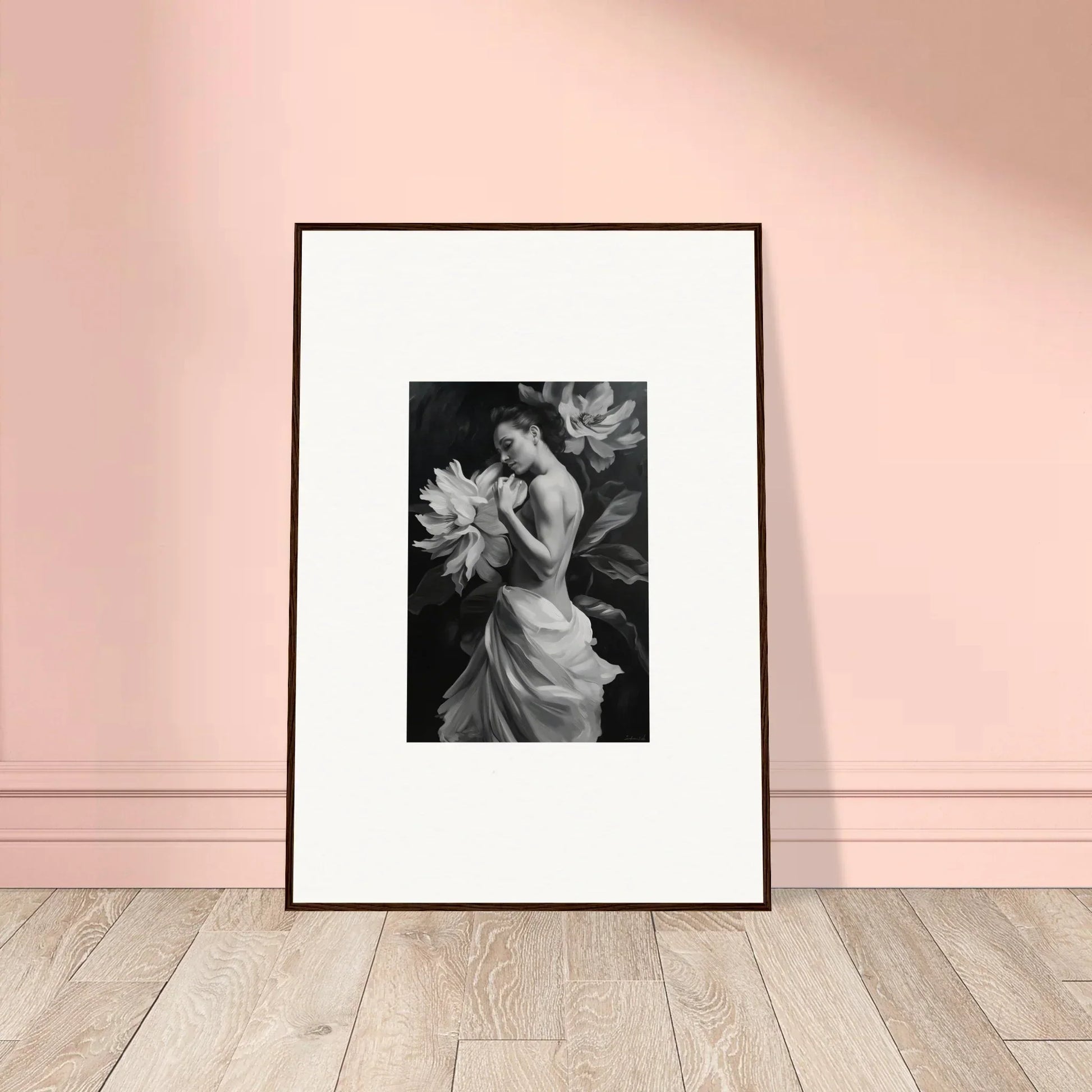 Framed black and white photo of a woman with a flower from Delicate Midnight Reverie